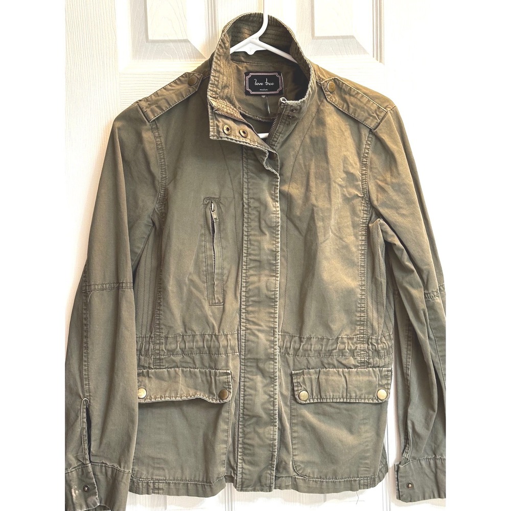 Love Tree Womens Olive Green Utility Field Jacket Cotton Cinch Waist Medium